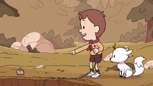 The boy from the netflix show Hilda pointing at a rock and saying "That's a cool rock.", then walking over to it.